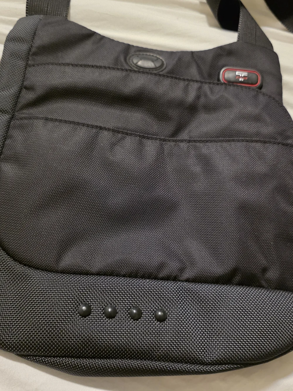 Tumi T-Tech Black Men’s Messenger Crossbody Bag with Subtle Red Accents, 5132D